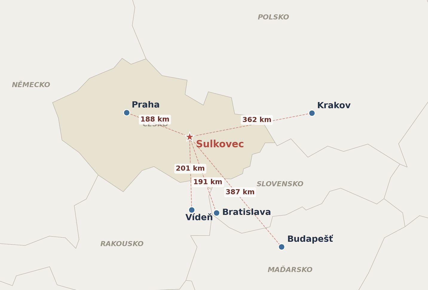 Mapa: vzdálenost Sulkovce od Prahy, Vídně, Bratislavy, Krakova a Budapešti